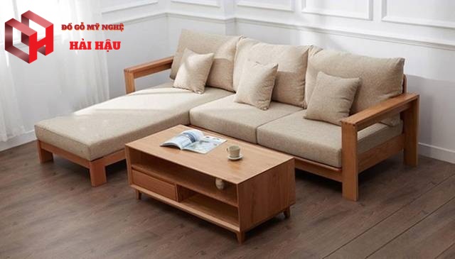 Mẫu ghế sofa gỗ cao su góc chữ L tiện nghi