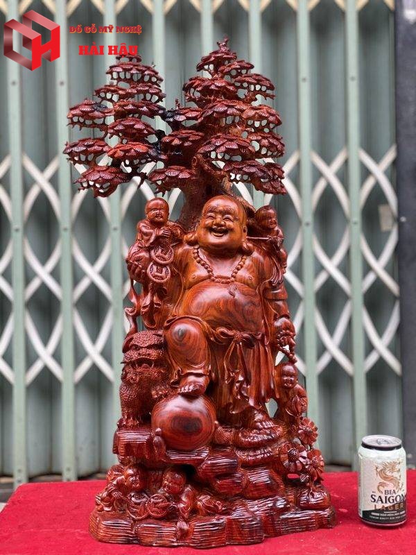 Mẫu Tượng Phật Di Lặc ngũ phúc đứng gốc tùng gỗ trắc đỏ đen